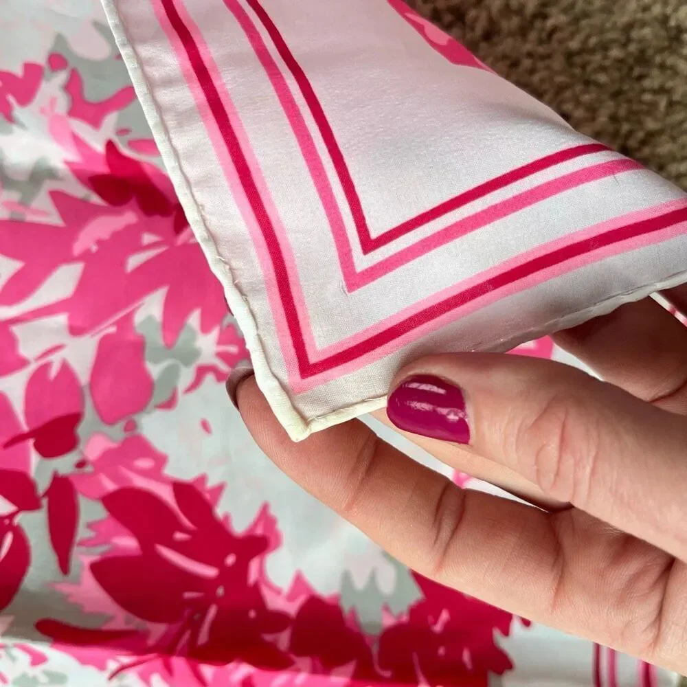 Pink White Floral Square Scarf 21x21 Hand Rolled Hem Valentine Chic